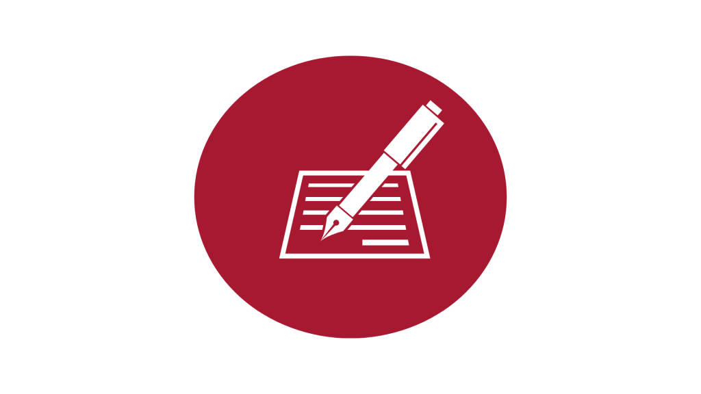 A red circle with a picture of a paper with lines and a pen.