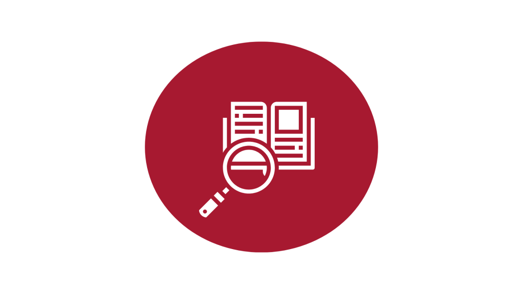 A red circle with a picture of a book and a magnifying glass.
