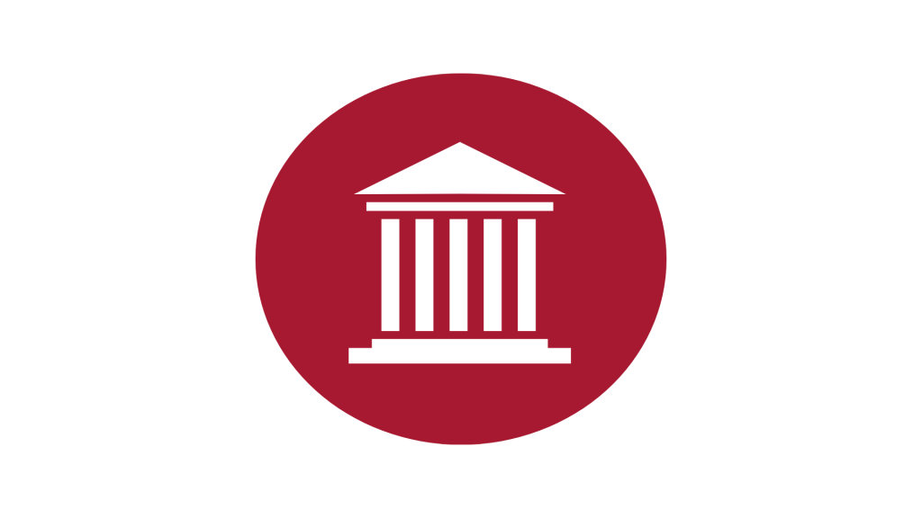 A red circle with a picture of building.