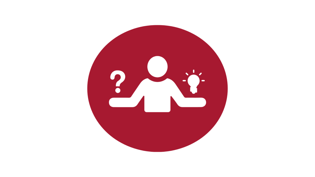 A red circle with a picture of a person with a question mark on the left and a light bulb on the right.