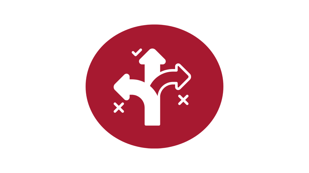 A red circle with a picture of three arrows going up, left, and right along with a check mark and two x's.