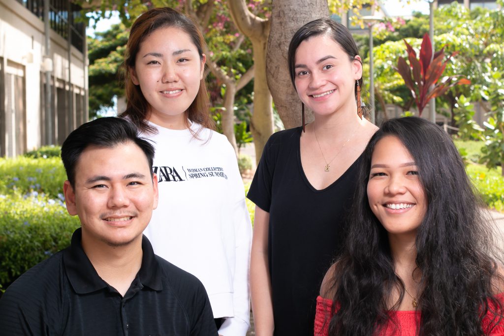Group image of Student Media Board. Bottom row from left to right: Treson R. and Skye T. Top row from left to right: Kureha P. and Anela M.