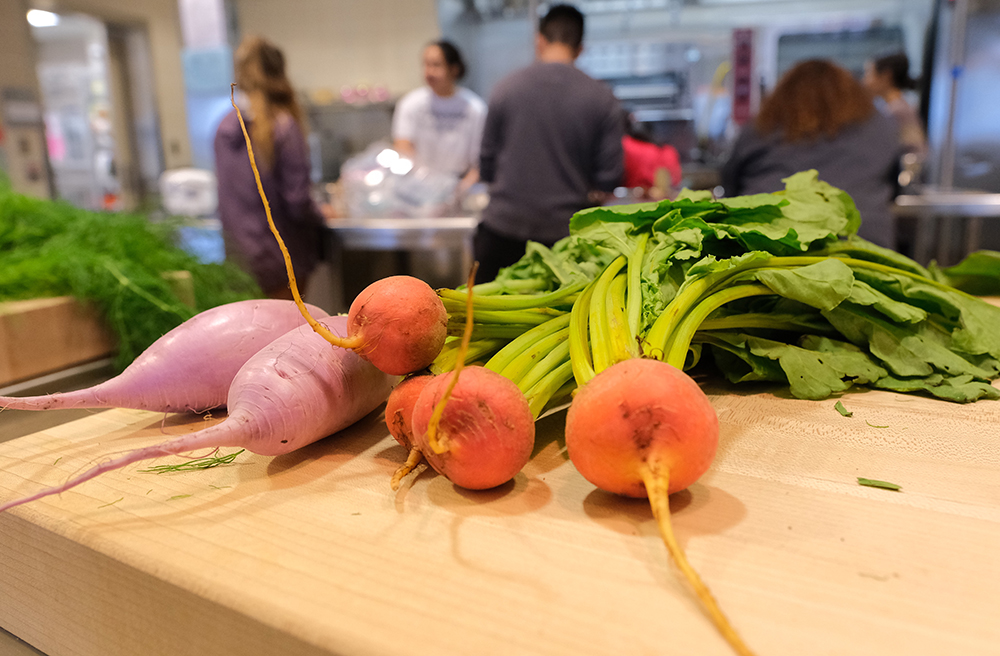 Close up organically grown radishes on a wooden cutting board.