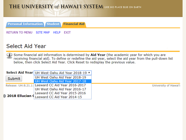 Select the aid year to view a summary of your financial aid information for the specified aid year.