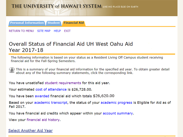 View your overall status of your financial aid for UH West Oahu for the aid year selected.