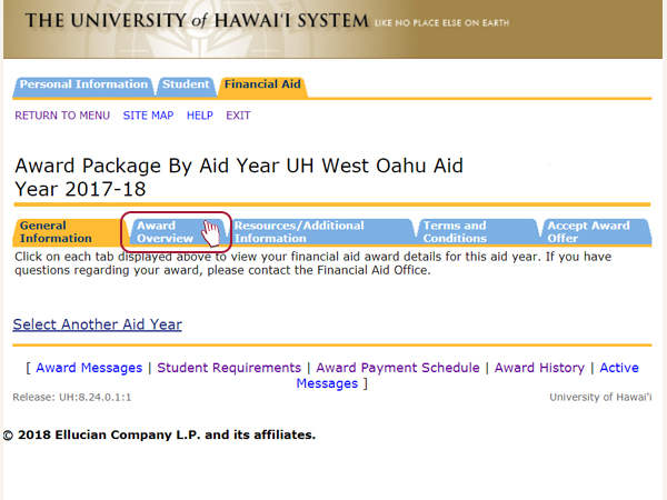 alt="Select Award Overview to view your award package by aid year for UH West Oahu"