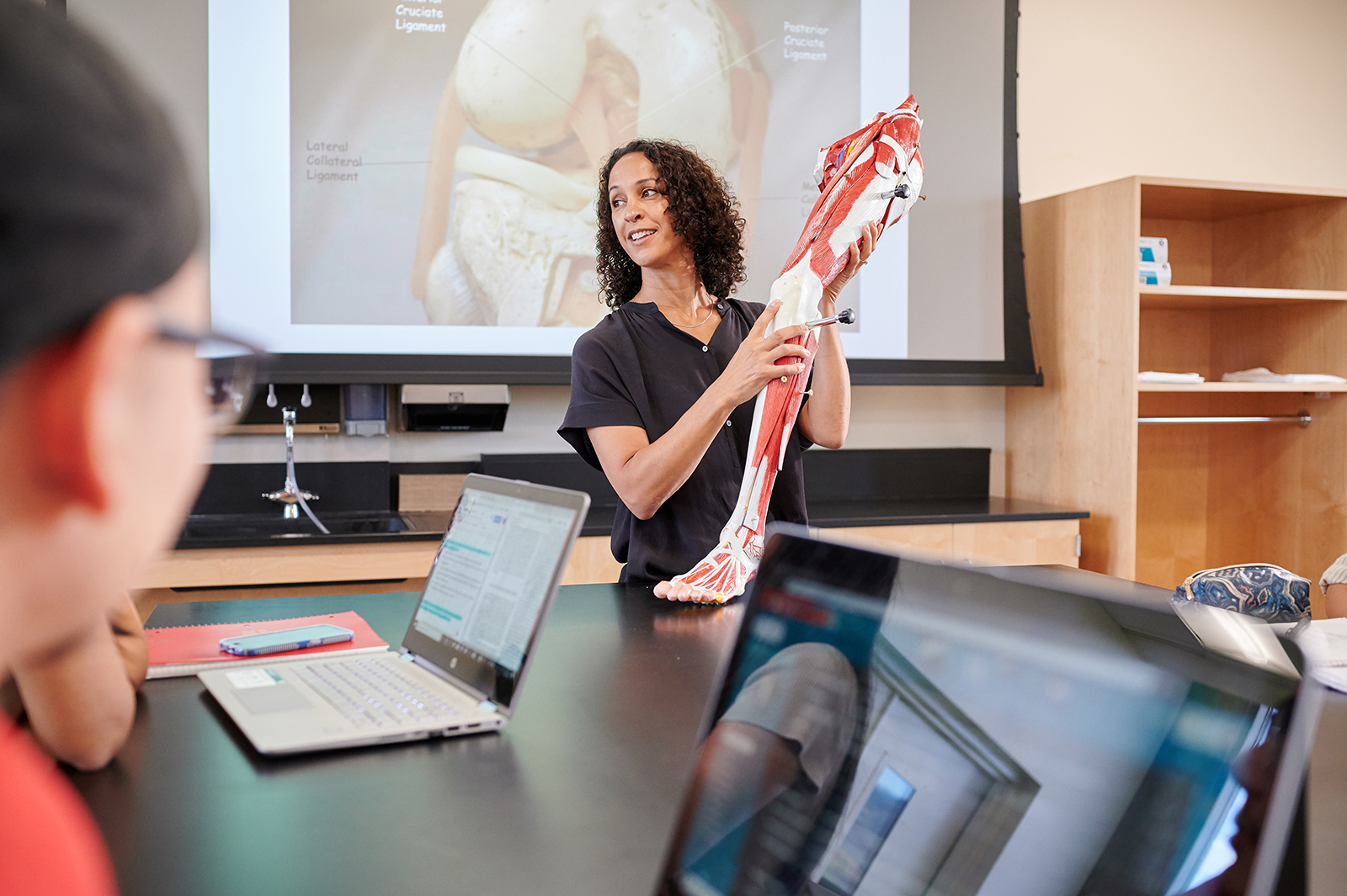 Science professor demonstrating the anatomy of a human leg using a life sized plastic model.