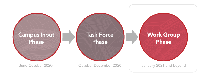 Plan Process graphic illustrating the campus input, task force, and work group order.