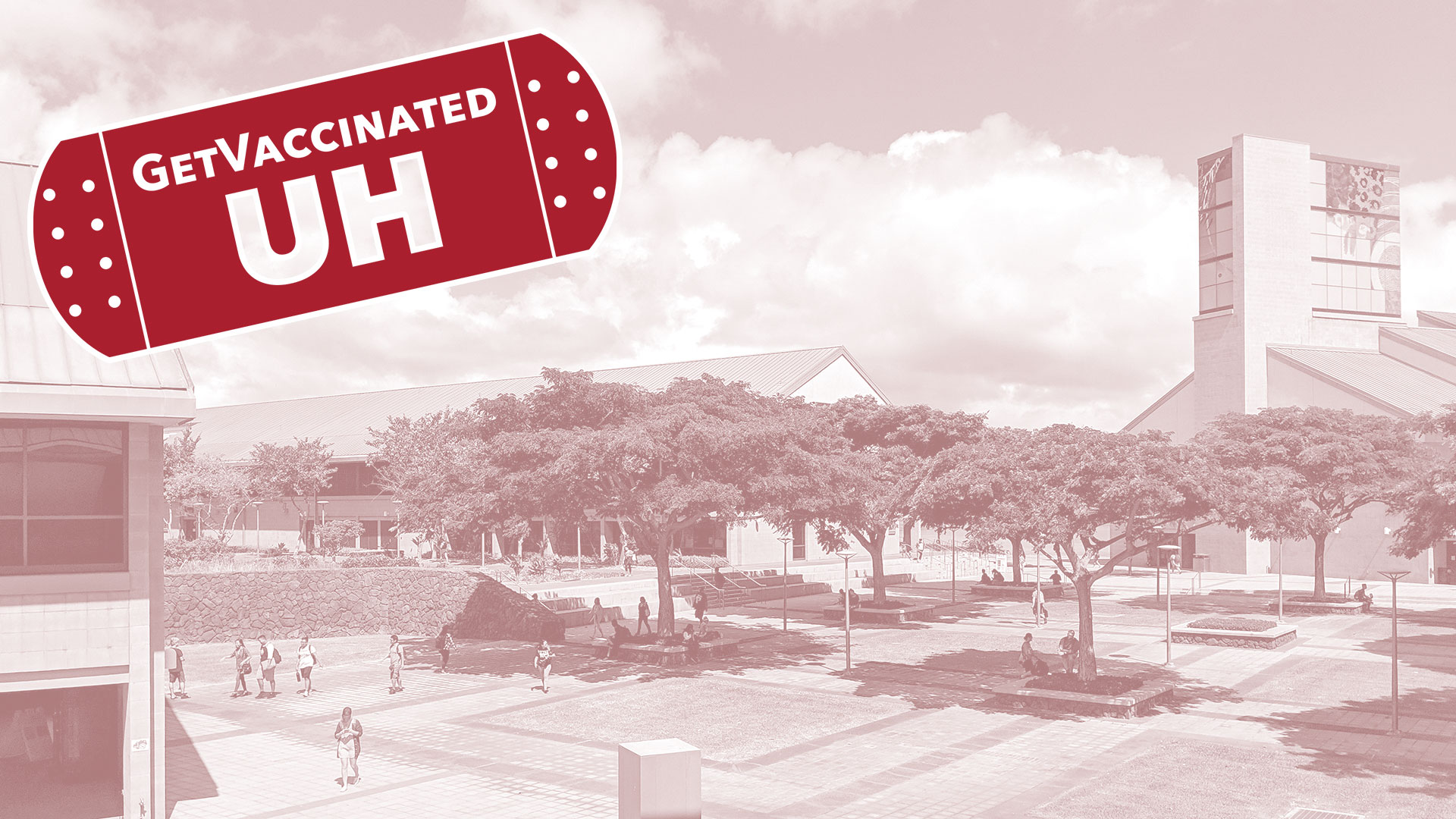 Zoom background promoting UH vaccinations with an image of the campus courtyard.