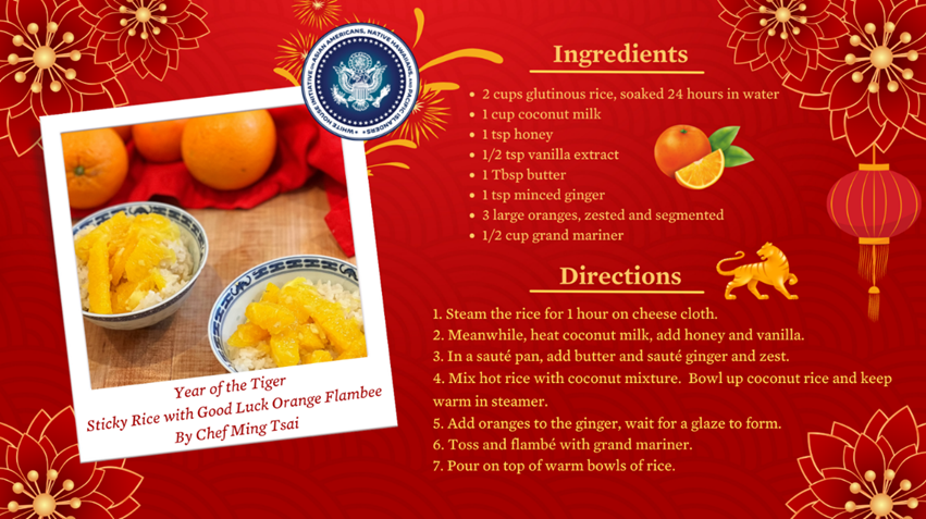 Sticky Rice with Good Luck Orange Flambee recipe. See link to "little gift" in preceding paragraph for recipe details.