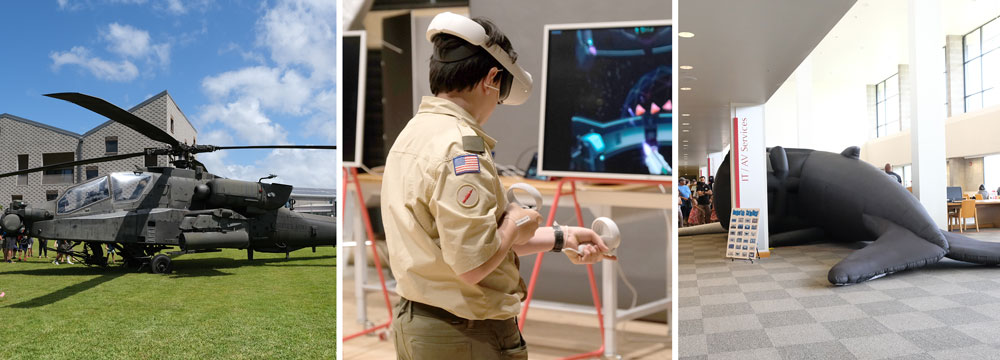 Collage of images from Onizuka Day of Exploration on campus with a helicopter, a Boy Scout wearing a VR headset, and an inflatable whale in the library.