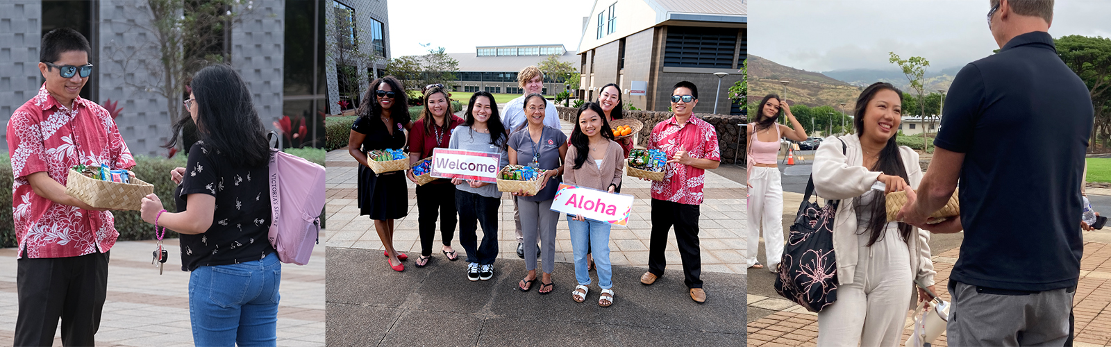 Collage of faculty and staff welcoming students onto campus.